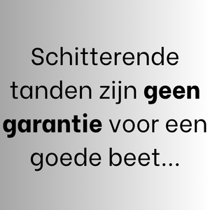 schitterende tanden 300 x 300 px | Wetsteen legal Dutch text on a gray gradient background: 'Schitterende tanden zijn geen garantie voor een goede beet...'