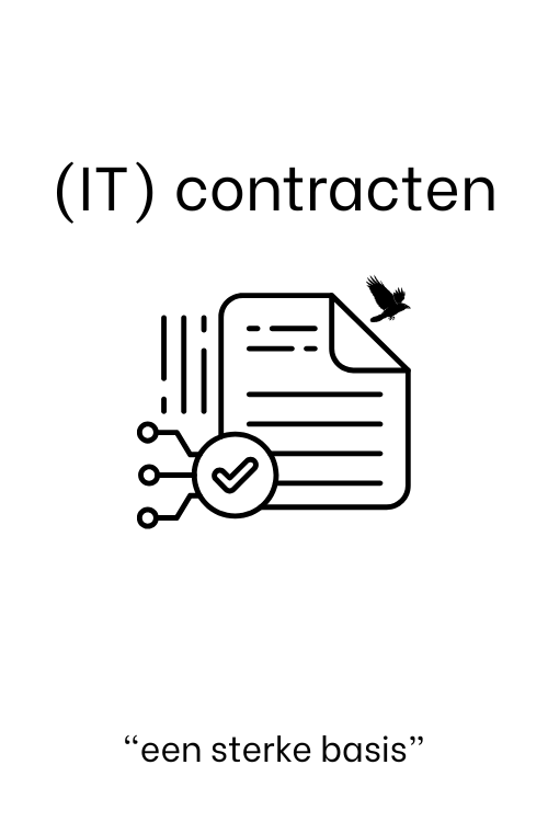 "(IT) contracten" title with a line-art illustration of a document featuring a checkmark and circuit-like lines, a small bird, and the caption underneath reading "een sterke basis" — conveys IT contracts and a strong foundation.