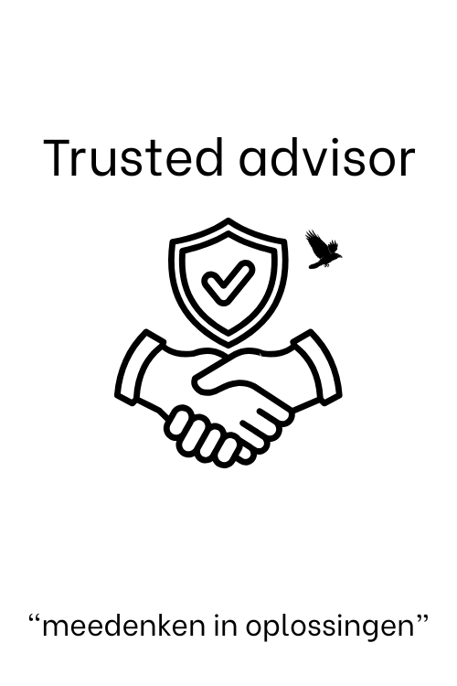Trusted advisor: hands shaking under a shield with a check mark, small bird in flight; caption reads 'meedenken in oplossingen'.